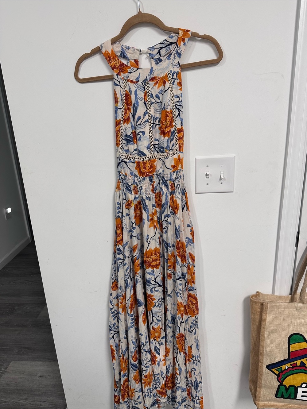 Anthropologie Sleeveless Floral Maxi Dress in Light Blue with Orange Bloom - Picture 4 of 7